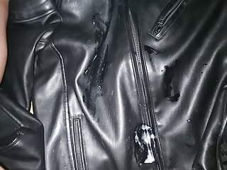 Cum in on a black leather jacket. 