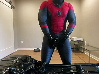 Rubber Spiderman cum in the rubber toesock