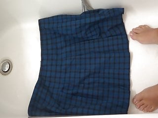 piss on blue tartan school skirt
