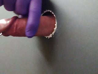Glory hole wank circumcised cut cumshot gloves
