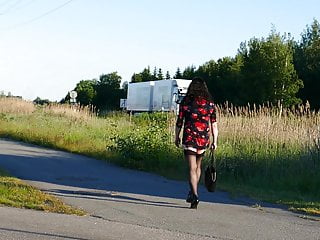 Jenny walking without skirt outdoor