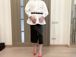 Office tranny secretary in leather midi pencil skirt and white shirt blouse ready to suck your cock and eat your cum
