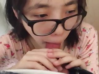 Cute Asian first time eating sausage 