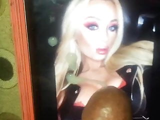 Cumtribute on blonde with big lips and big tits