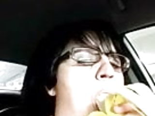 Marie a french adultery slut sucking banana in her car