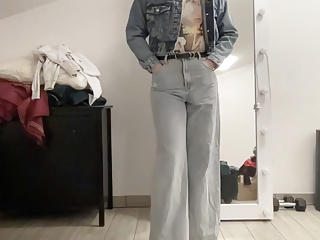 Crossdresser In Wide Leg Flare Palazzo Jeans, Sissy T-Shirt And Crop Jeans Jacket Masturbating For You