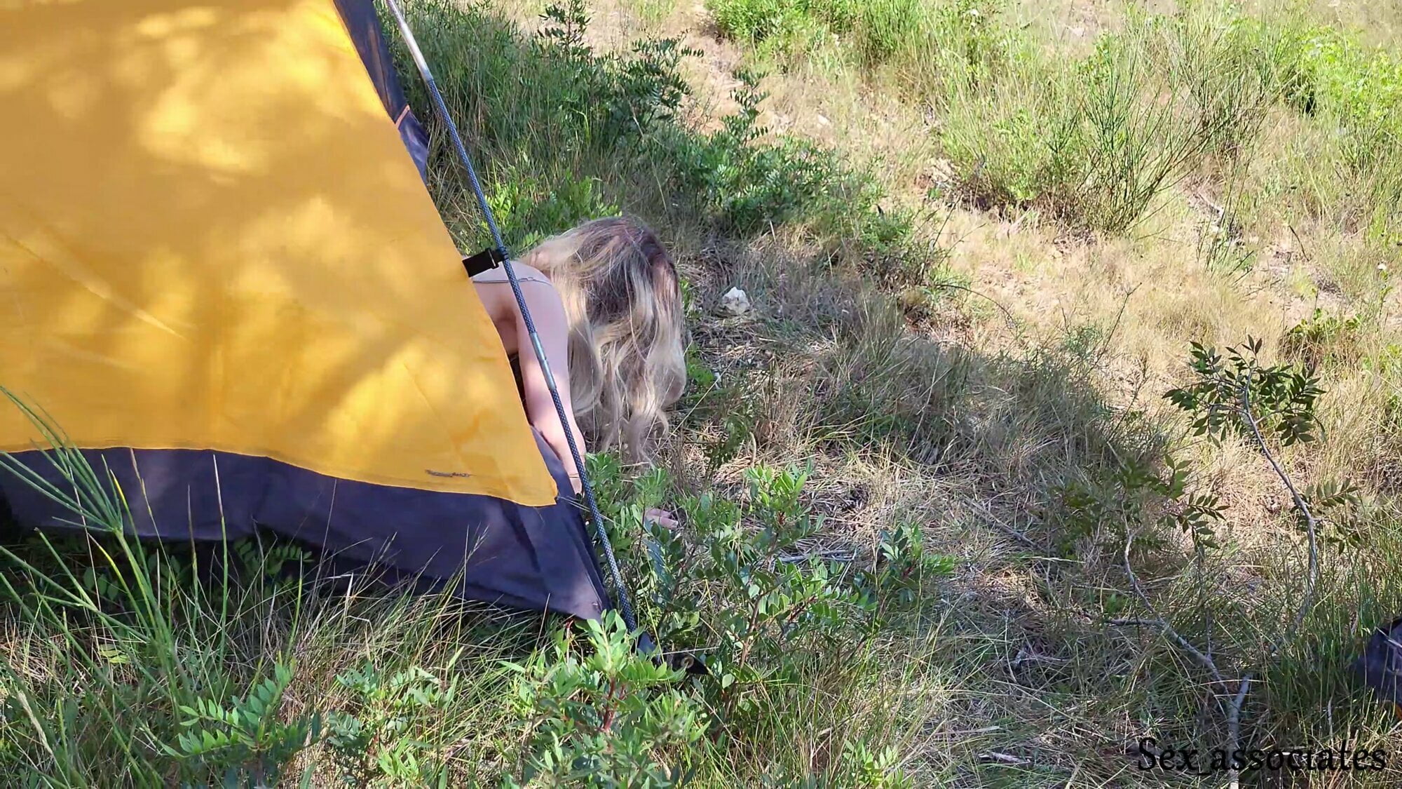 The tourist heard loud moaning and caught couple fucking in the tent. 