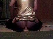 Riding dildo in gold mini dress 2