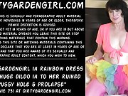 Dirtygardengirl in rainbow dress take huge dildo in to her ruined pussy hole & prolapse