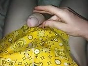 Average guy cums onto yellow handkerchief 