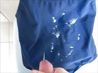 Cumming on second hand shiny blue swimsuit
