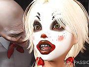 Joker bangs rough a cute sexy blonde in a clown mask