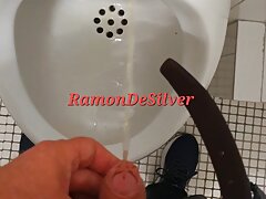 Master Ramon pisses on the toilet in hot leather pants, sorry cleaning lady