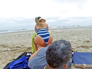 Blowjob, MILF Mom, Public Beach, Creampie