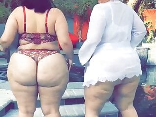 2 sexy BBW women dance on the pool