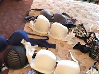 Stroking With Dozen Of Wifes Bras And Some Panties