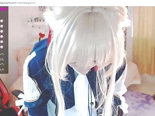 blonde Hentai cosplay slut sucks dildo on webcam