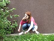 Shy and nervous redhead pees outside