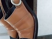 Cumshot on brown square heel open toe sandals. Yum