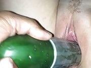 White chick fucking a  cucumber 
