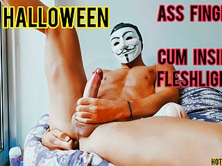 Halloween – Mysterious guy with big cock fucking a fleshlight – ass finger