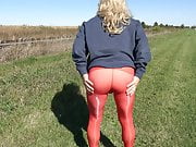Red Seamless Pantyhose in Public