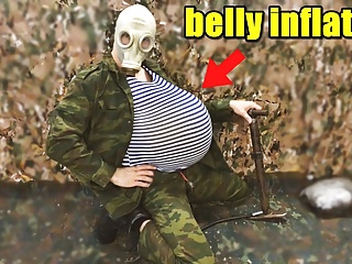 Russian military man pumps his stomach...
