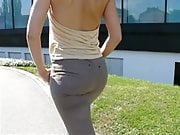 Blonde young girl in skintight brown tark 1 jeans 1