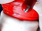 Full covered latex cock wank with PA piercing