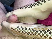 Nylon footjob golden tights pantyhose teasing big cumshot