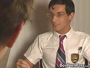 Twinks in uniform fuck after long and sloppy cock sucking