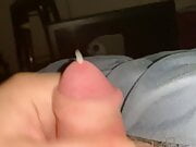 Uncut cock uses two fingers to cum