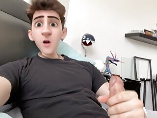 Cartoon Boy Guy Jerks His Cock And Cums On His Face...