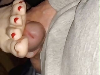 Wife stroking my cock rough feet...