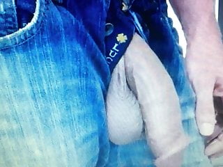 Straight guy in jeans shows off his huge flaccid cock &amp;balls