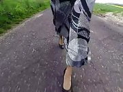 PoV walking in a long satin skirt