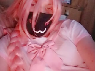 Cute femboy in Astolfo Coseplay, with plug, toy, cage, gets sissygasm