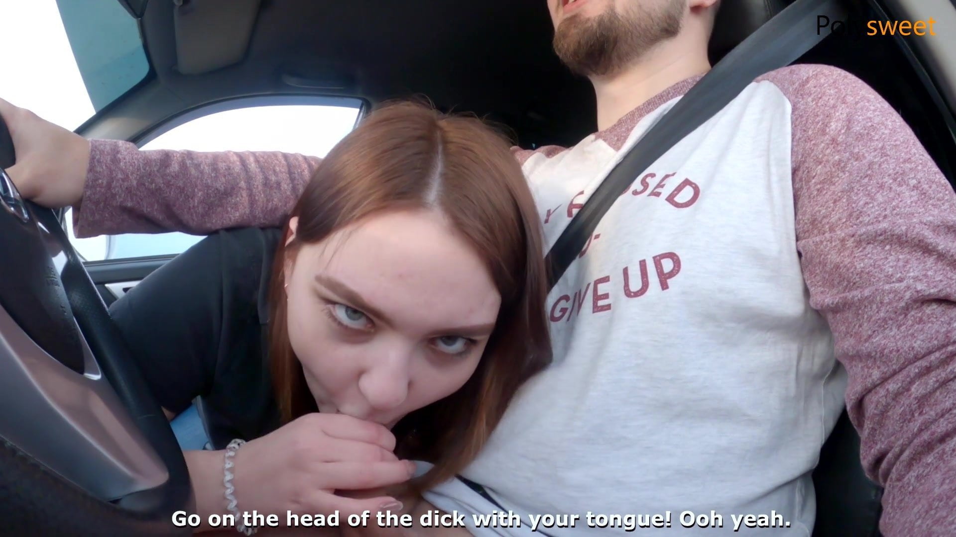 Sweet blowjob while driving a lot of cum on tits!